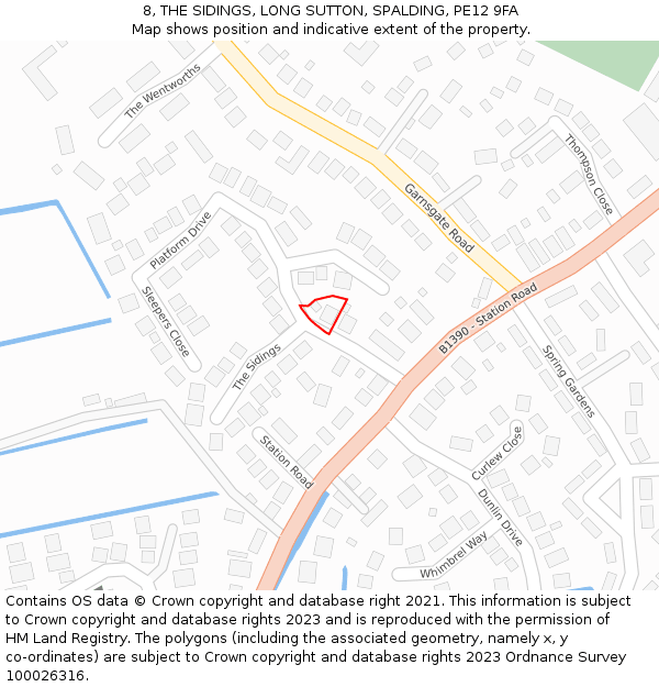 8, THE SIDINGS, LONG SUTTON, SPALDING, PE12 9FA: Location map and indicative extent of plot