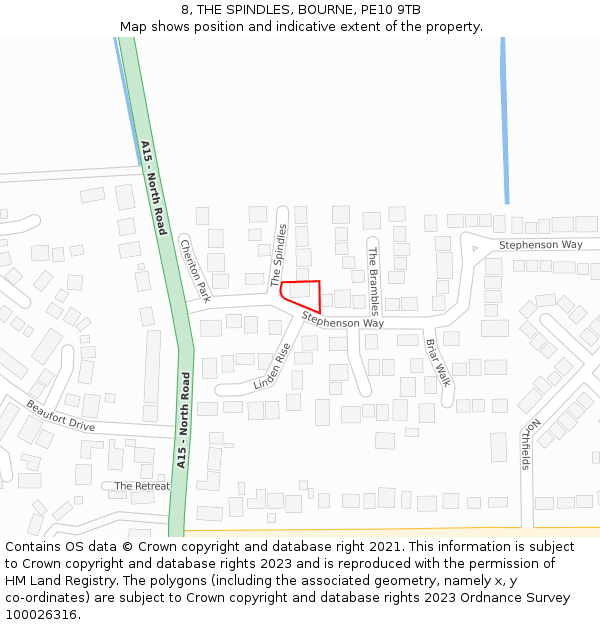 8, THE SPINDLES, BOURNE, PE10 9TB: Location map and indicative extent of plot