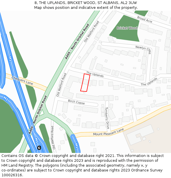 8, THE UPLANDS, BRICKET WOOD, ST ALBANS, AL2 3UW: Location map and indicative extent of plot