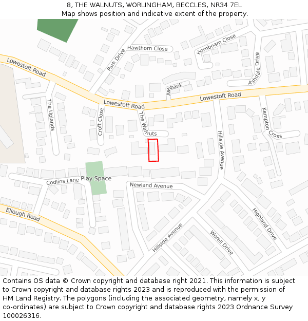 8, THE WALNUTS, WORLINGHAM, BECCLES, NR34 7EL: Location map and indicative extent of plot
