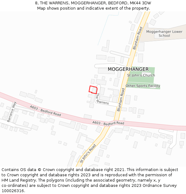 8, THE WARRENS, MOGGERHANGER, BEDFORD, MK44 3DW: Location map and indicative extent of plot