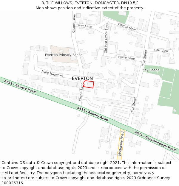 8, THE WILLOWS, EVERTON, DONCASTER, DN10 5JF: Location map and indicative extent of plot