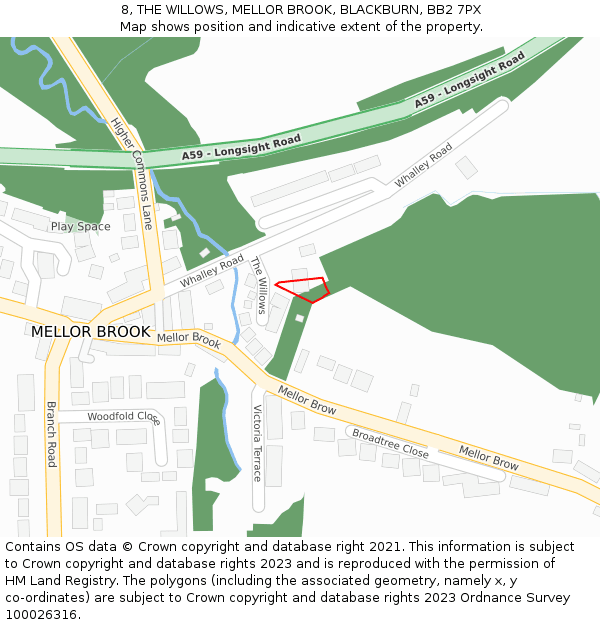 8, THE WILLOWS, MELLOR BROOK, BLACKBURN, BB2 7PX: Location map and indicative extent of plot