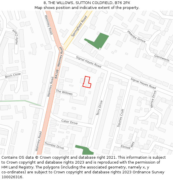 8, THE WILLOWS, SUTTON COLDFIELD, B76 2PX: Location map and indicative extent of plot