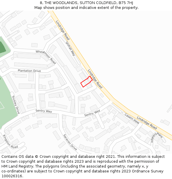 8, THE WOODLANDS, SUTTON COLDFIELD, B75 7HJ: Location map and indicative extent of plot