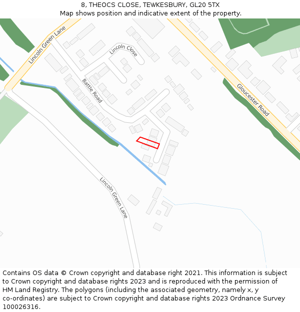 8, THEOCS CLOSE, TEWKESBURY, GL20 5TX: Location map and indicative extent of plot
