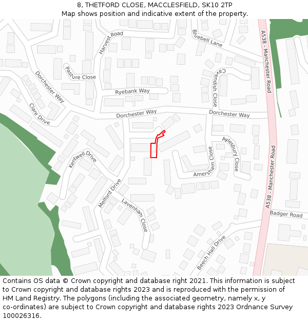 8, THETFORD CLOSE, MACCLESFIELD, SK10 2TP: Location map and indicative extent of plot