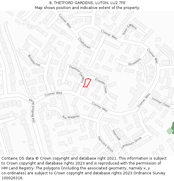 8, THETFORD GARDENS, LUTON, LU2 7FE: Location map and indicative extent of plot