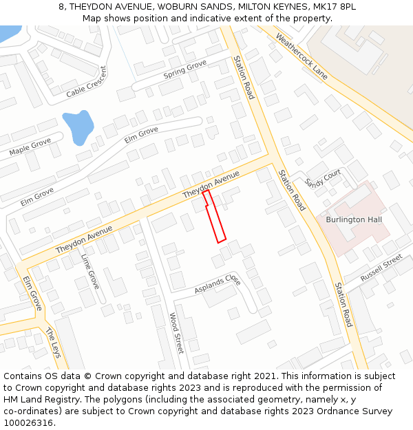 8, THEYDON AVENUE, WOBURN SANDS, MILTON KEYNES, MK17 8PL: Location map and indicative extent of plot