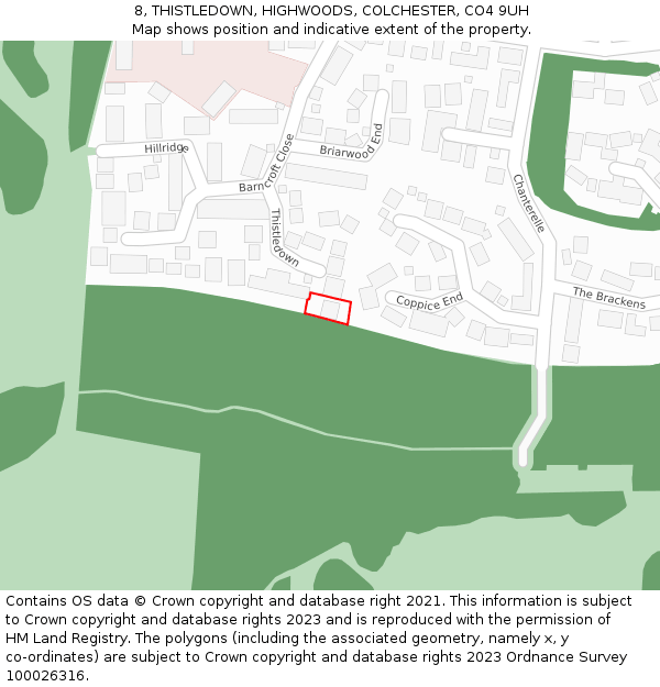 8, THISTLEDOWN, HIGHWOODS, COLCHESTER, CO4 9UH: Location map and indicative extent of plot