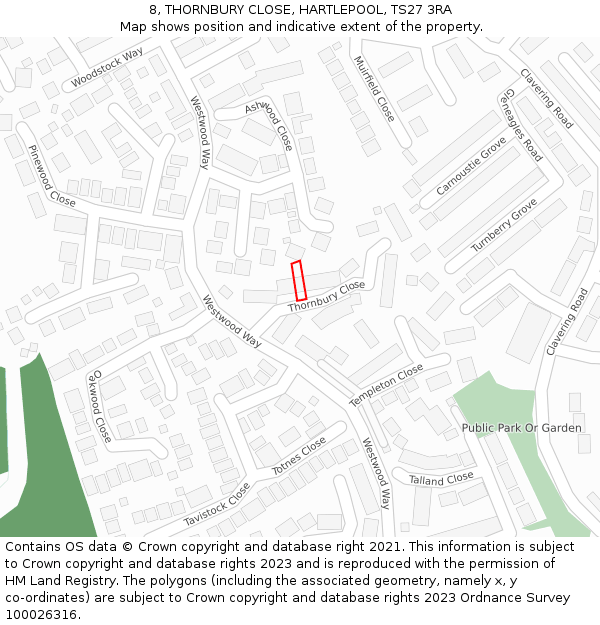 8, THORNBURY CLOSE, HARTLEPOOL, TS27 3RA: Location map and indicative extent of plot