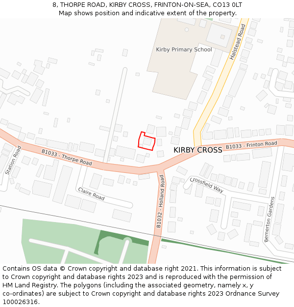 8, THORPE ROAD, KIRBY CROSS, FRINTON-ON-SEA, CO13 0LT: Location map and indicative extent of plot