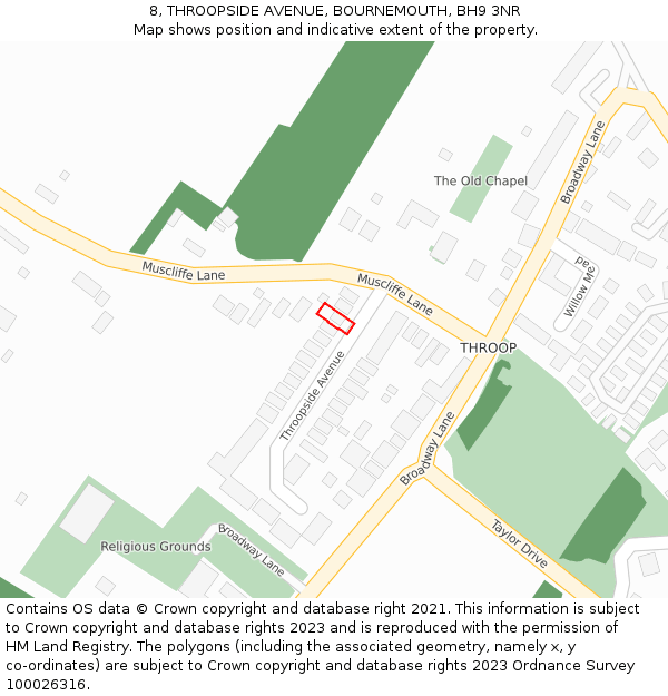 8, THROOPSIDE AVENUE, BOURNEMOUTH, BH9 3NR: Location map and indicative extent of plot