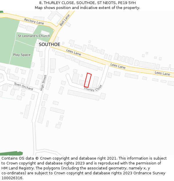 8, THURLEY CLOSE, SOUTHOE, ST NEOTS, PE19 5YH: Location map and indicative extent of plot