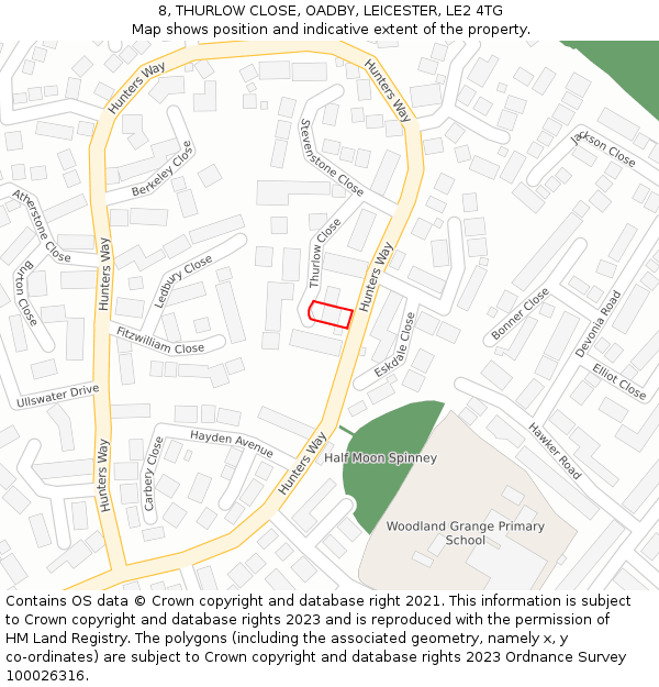 8, THURLOW CLOSE, OADBY, LEICESTER, LE2 4TG: Location map and indicative extent of plot