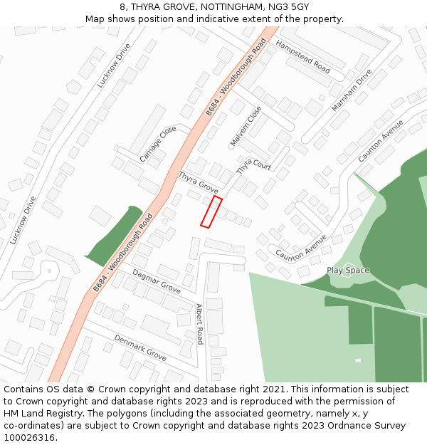 8, THYRA GROVE, NOTTINGHAM, NG3 5GY: Location map and indicative extent of plot