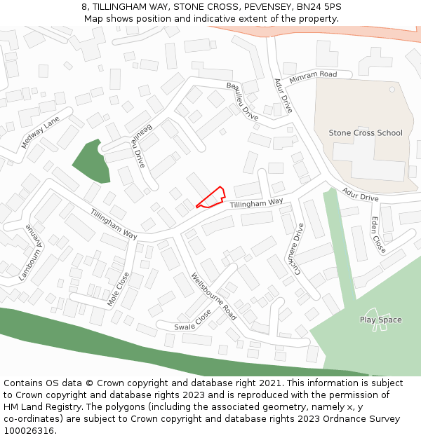 8, TILLINGHAM WAY, STONE CROSS, PEVENSEY, BN24 5PS: Location map and indicative extent of plot
