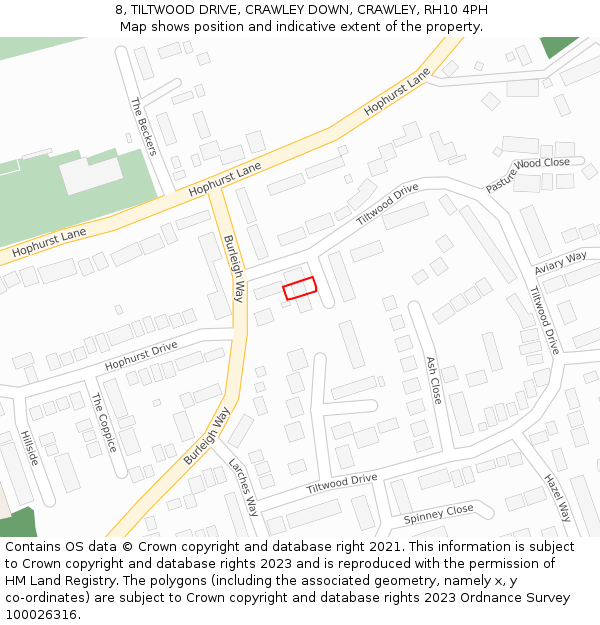 8, TILTWOOD DRIVE, CRAWLEY DOWN, CRAWLEY, RH10 4PH: Location map and indicative extent of plot