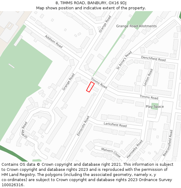 8, TIMMS ROAD, BANBURY, OX16 9DJ: Location map and indicative extent of plot