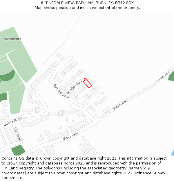 8, TINEDALE VIEW, PADIHAM, BURNLEY, BB12 8DX: Location map and indicative extent of plot