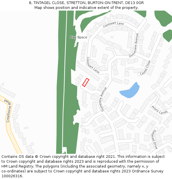 8, TINTAGEL CLOSE, STRETTON, BURTON-ON-TRENT, DE13 0GR: Location map and indicative extent of plot