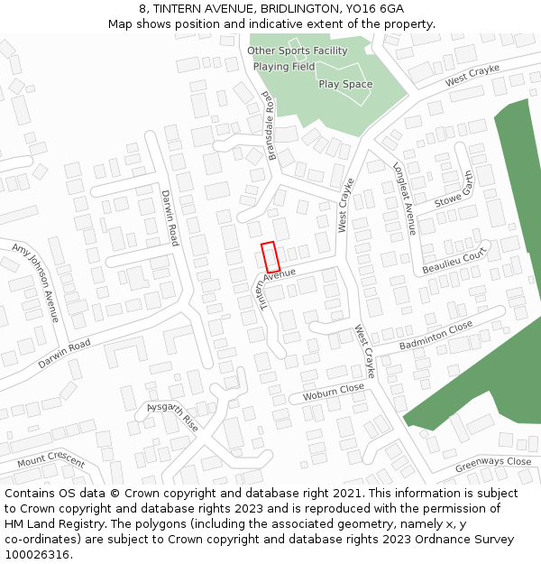 8, TINTERN AVENUE, BRIDLINGTON, YO16 6GA: Location map and indicative extent of plot