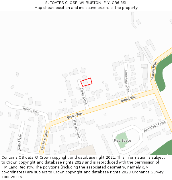 8, TOATES CLOSE, WILBURTON, ELY, CB6 3SL: Location map and indicative extent of plot