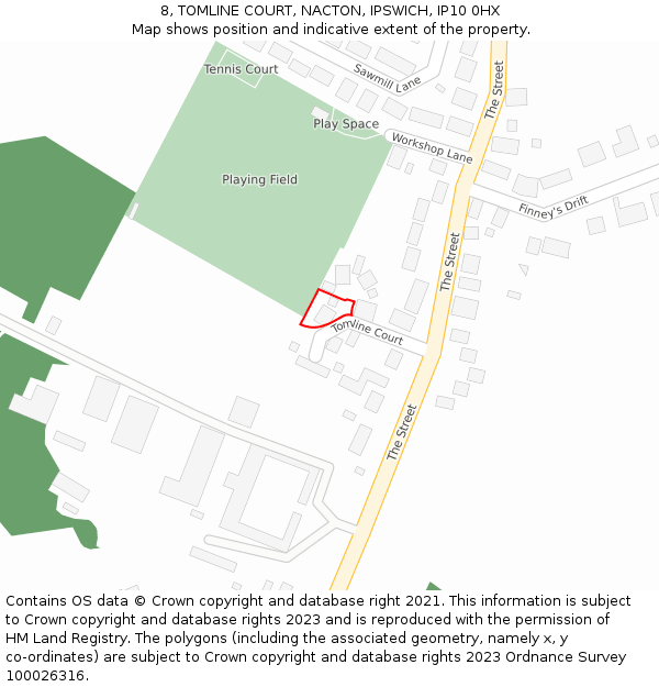 8, TOMLINE COURT, NACTON, IPSWICH, IP10 0HX: Location map and indicative extent of plot