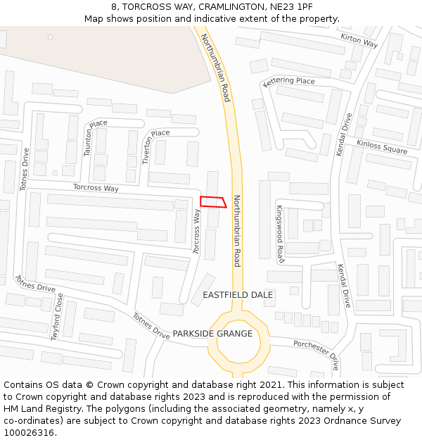 8, TORCROSS WAY, CRAMLINGTON, NE23 1PF: Location map and indicative extent of plot