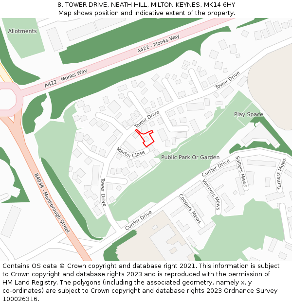 8, TOWER DRIVE, NEATH HILL, MILTON KEYNES, MK14 6HY: Location map and indicative extent of plot