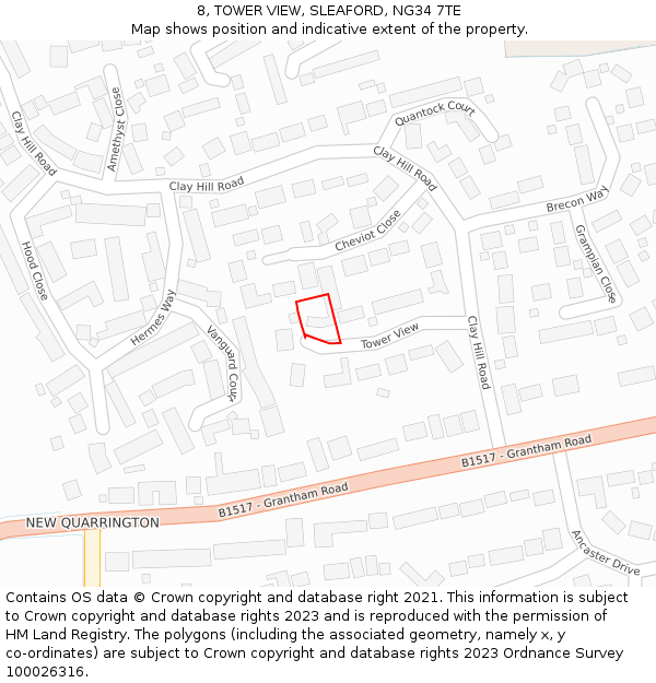 8, TOWER VIEW, SLEAFORD, NG34 7TE: Location map and indicative extent of plot