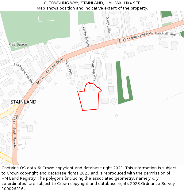 8, TOWN ING WAY, STAINLAND, HALIFAX, HX4 9EE: Location map and indicative extent of plot
