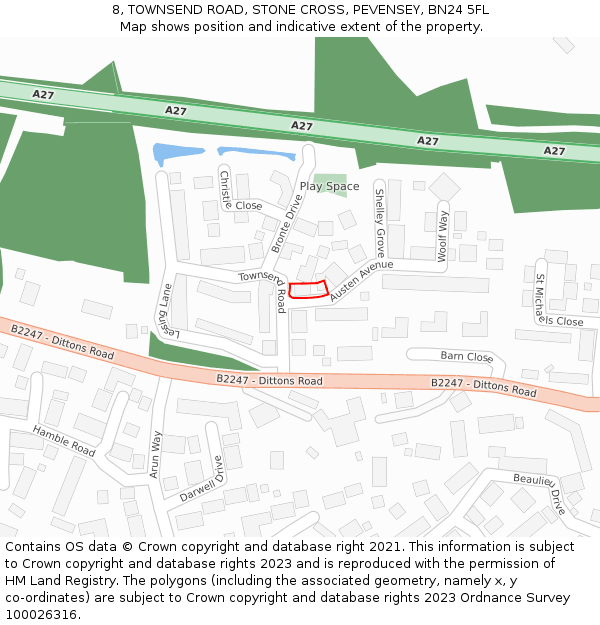 8, TOWNSEND ROAD, STONE CROSS, PEVENSEY, BN24 5FL: Location map and indicative extent of plot