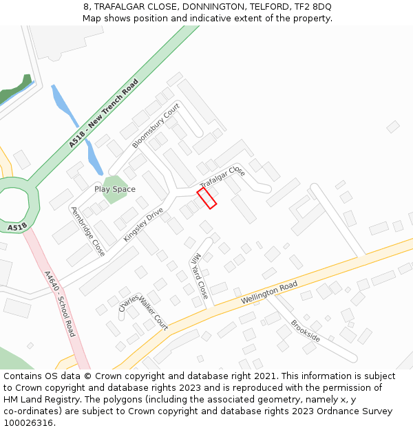 8, TRAFALGAR CLOSE, DONNINGTON, TELFORD, TF2 8DQ: Location map and indicative extent of plot