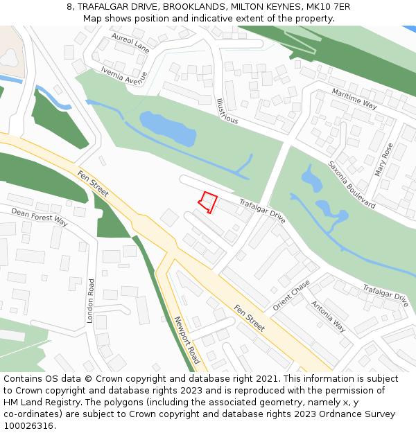 8, TRAFALGAR DRIVE, BROOKLANDS, MILTON KEYNES, MK10 7ER: Location map and indicative extent of plot