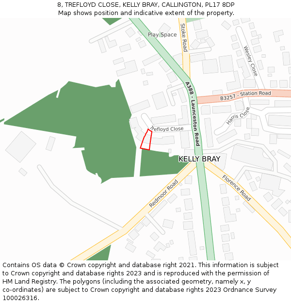 8, TREFLOYD CLOSE, KELLY BRAY, CALLINGTON, PL17 8DP: Location map and indicative extent of plot