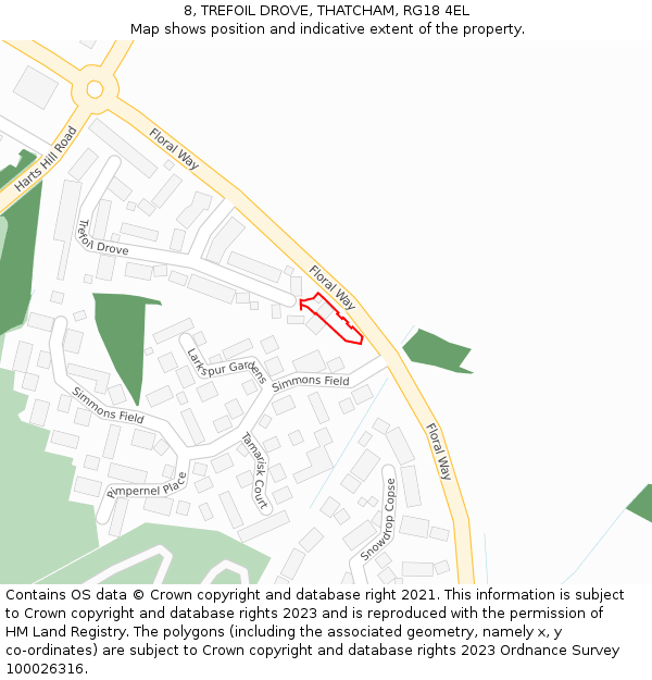 8, TREFOIL DROVE, THATCHAM, RG18 4EL: Location map and indicative extent of plot