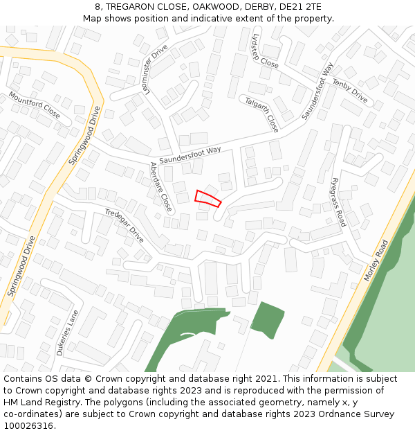 8, TREGARON CLOSE, OAKWOOD, DERBY, DE21 2TE: Location map and indicative extent of plot