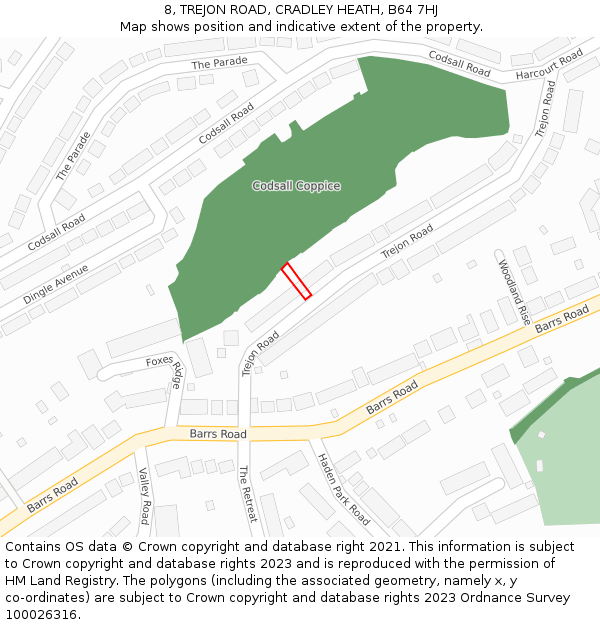 8, TREJON ROAD, CRADLEY HEATH, B64 7HJ: Location map and indicative extent of plot