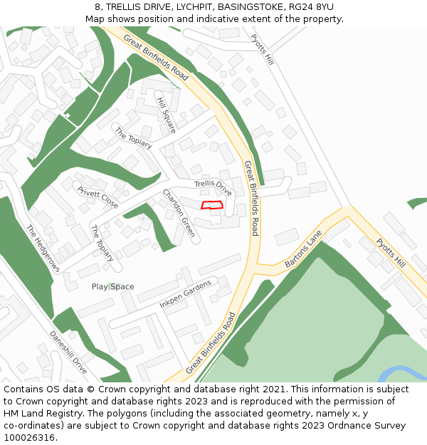 8, TRELLIS DRIVE, LYCHPIT, BASINGSTOKE, RG24 8YU: Location map and indicative extent of plot