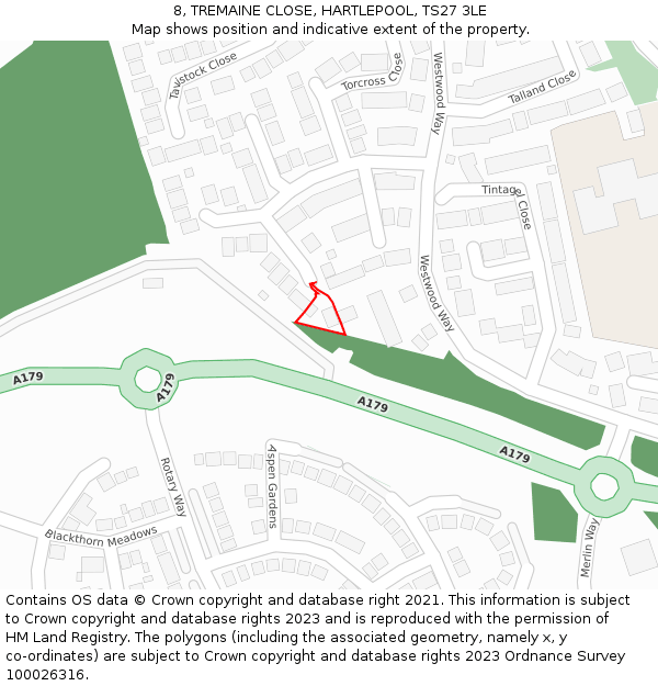 8, TREMAINE CLOSE, HARTLEPOOL, TS27 3LE: Location map and indicative extent of plot