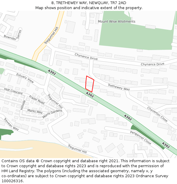 8, TRETHEWEY WAY, NEWQUAY, TR7 2AD: Location map and indicative extent of plot