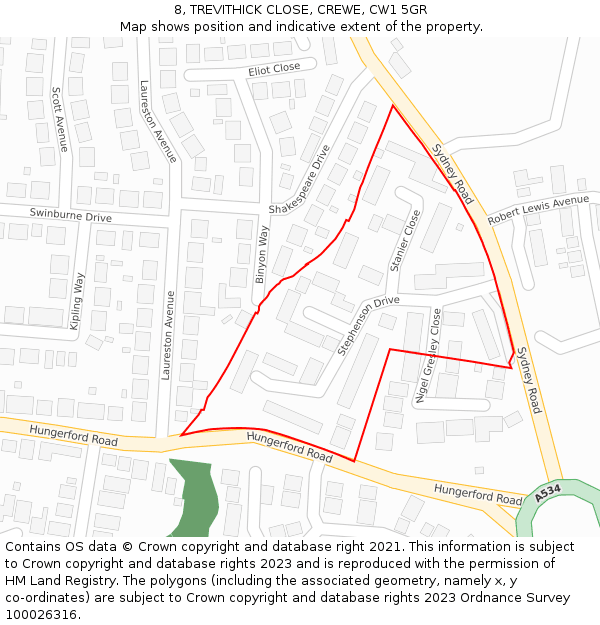 8, TREVITHICK CLOSE, CREWE, CW1 5GR: Location map and indicative extent of plot