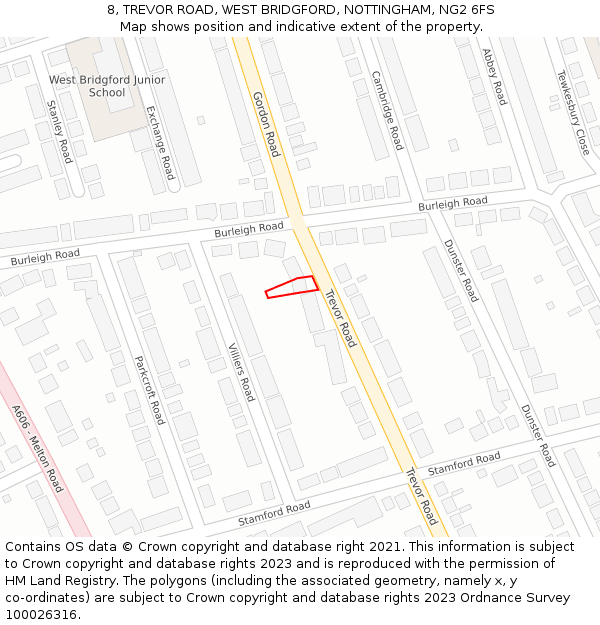 8, TREVOR ROAD, WEST BRIDGFORD, NOTTINGHAM, NG2 6FS: Location map and indicative extent of plot