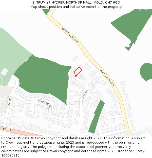 8, TRUM YR HYDREF, NORTHOP HALL, MOLD, CH7 6GD: Location map and indicative extent of plot