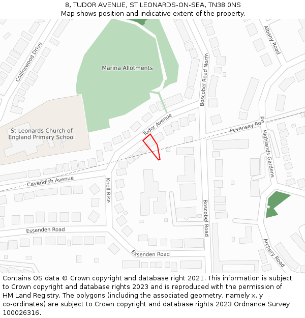 8, TUDOR AVENUE, ST LEONARDS-ON-SEA, TN38 0NS: Location map and indicative extent of plot