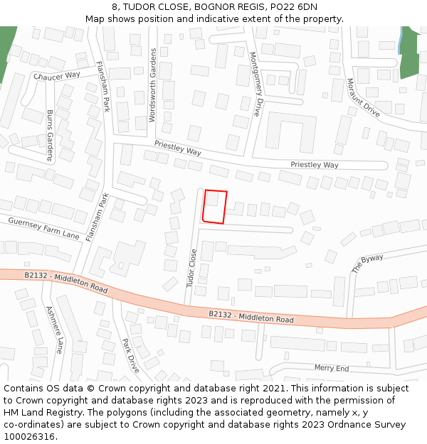 8, TUDOR CLOSE, BOGNOR REGIS, PO22 6DN: Location map and indicative extent of plot