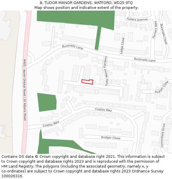 8, TUDOR MANOR GARDENS, WATFORD, WD25 9TQ: Location map and indicative extent of plot