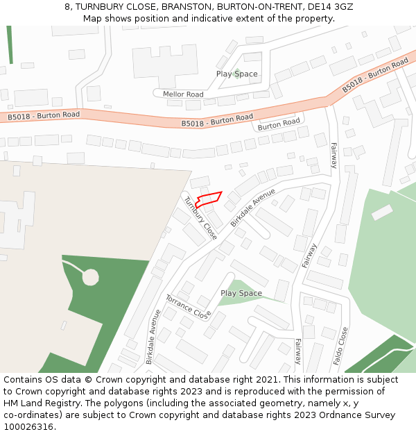 8, TURNBURY CLOSE, BRANSTON, BURTON-ON-TRENT, DE14 3GZ: Location map and indicative extent of plot