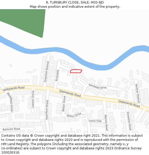8, TURNBURY CLOSE, SALE, M33 6JD: Location map and indicative extent of plot